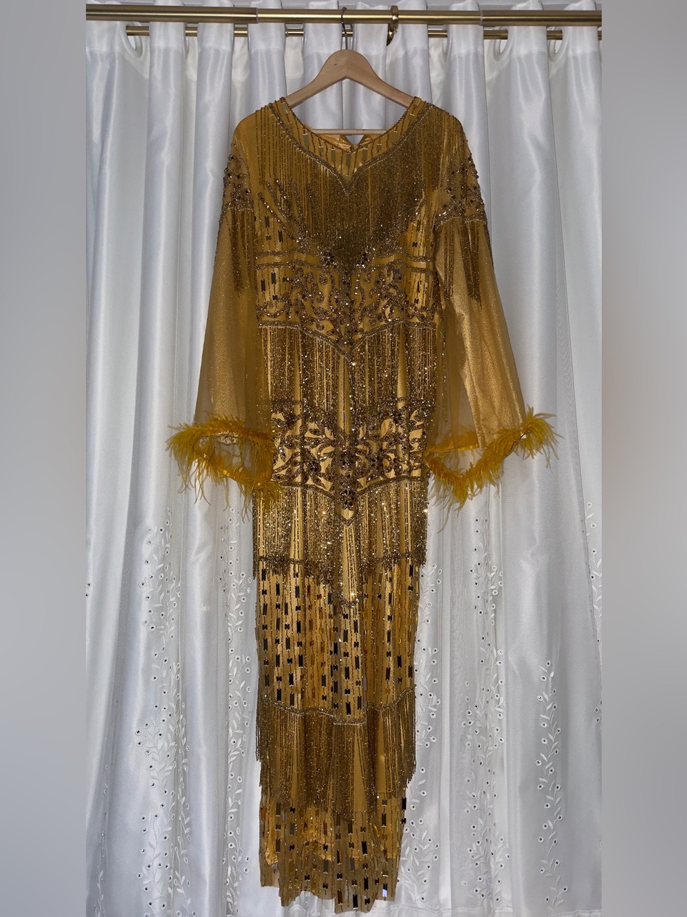 Embellished Golden Mustard Fringe Dress HEND MADE